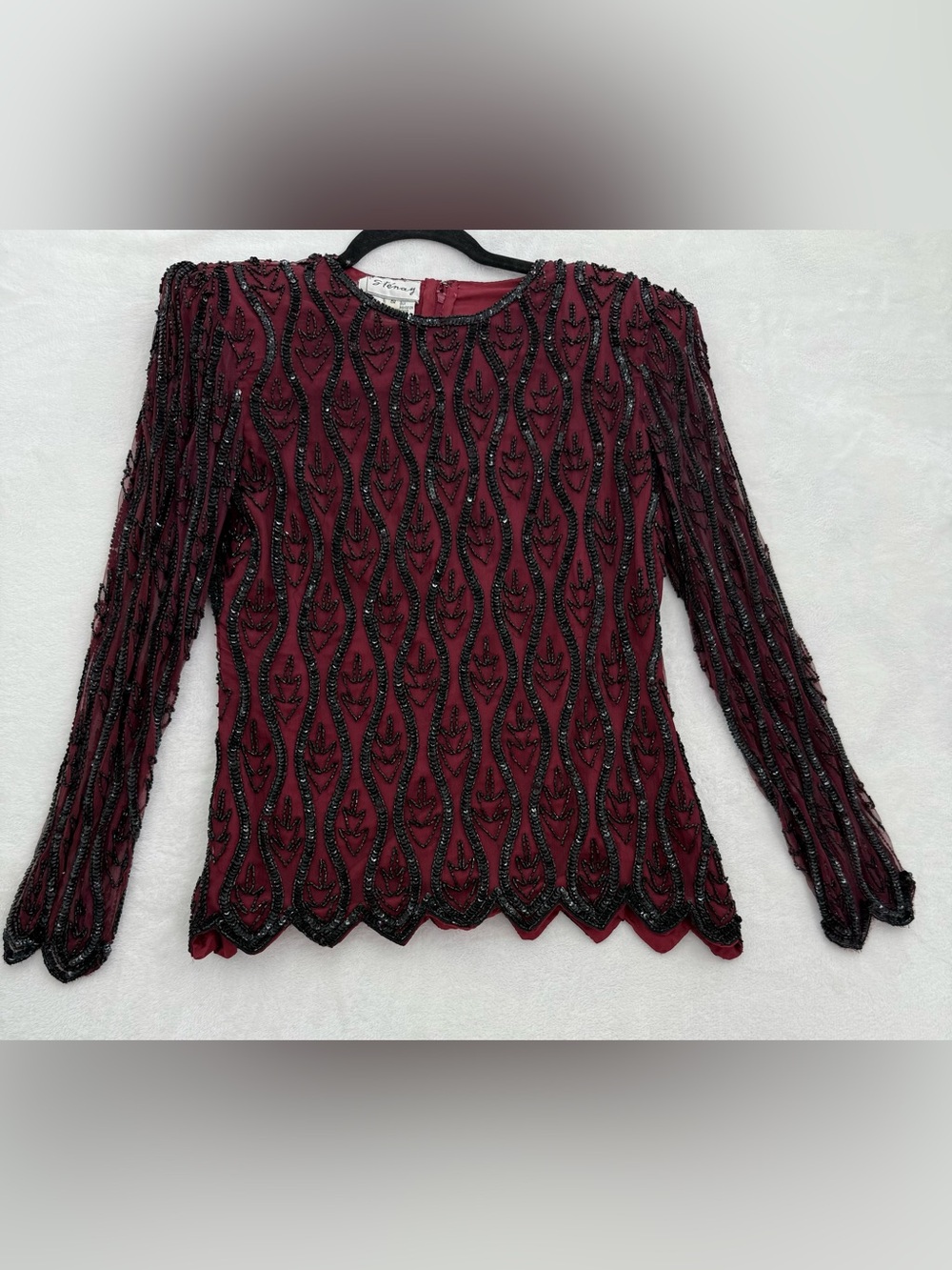 Stenay Vintage Beaded Sequin Silk Top Size S Black Burgundy/Red Evening Formal